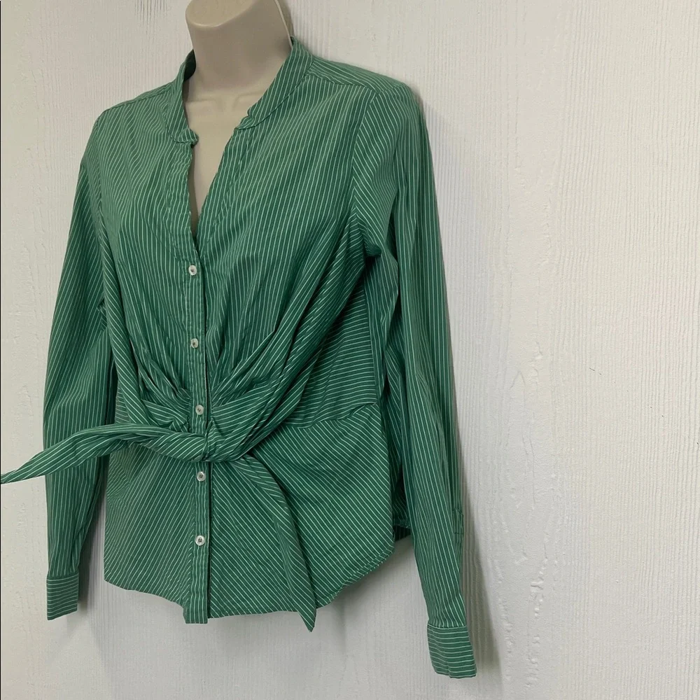 Anthropologie - Maeve Katherine Green And White Button Down Knotted Blouse SZ 8 - Picture 5 of 11